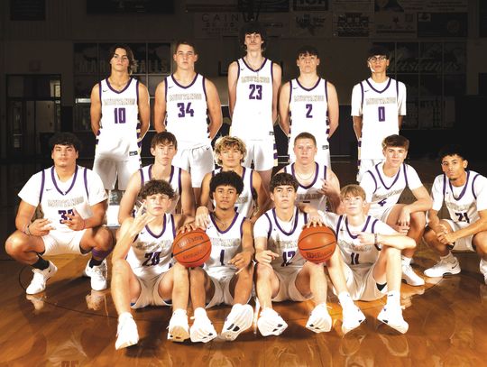 The 2024-25 Marble Falls High School boys basketball team includes Brenton Liscum (front row, left), Isaiah Lazos, Roman Brown, Beckett Berkman; Thomas Valdez (second row, left), Jackson Trudeau, Carter Hughes, Noah Lyon, Cypress Neve, Tidus Willie; Garen Jones (back row, left), Kaleb Beil...