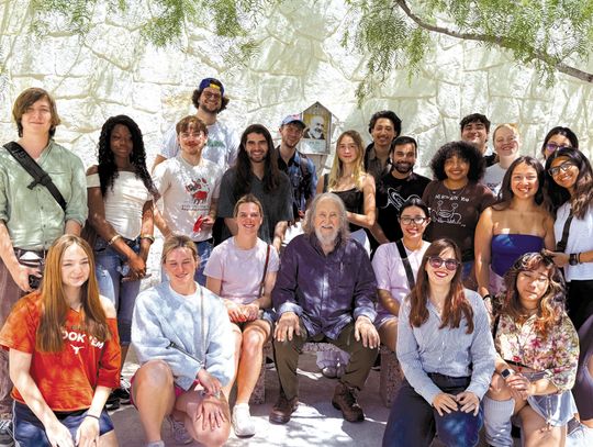 (Front row) Professor Vanessa Fanelli, wearing sunglasses, joins Benini, center, with her second semester Italian class from the University of Texas, after a tour of Museo Benini and the sculpture trail. Contributed/Sam Frances