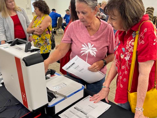 Burnet County Elections Department hosted a new voting machine demonstration from a vendor at the Agri-Life Building recently. This system will produce a paper ballot that could be used for a recount if desired. The two citizens testing the system are, from left, Londa Chandler and Darlene...