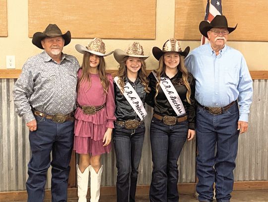 Burnet County Rodeo Association royalty — Sweetheart Aria Parks, Princess Baylee Steele and Duchess Addison Steele – helped V.P. Brent Nichols, left, and President Cody Orman, right, preside over the banquet held in Burnet March 8. Contributed photos