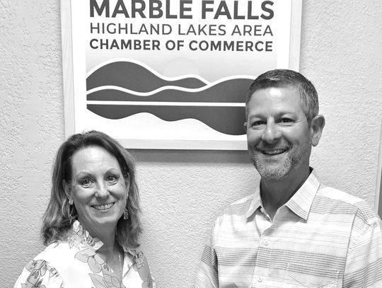 Jarrod Metzgar, right, the outgoing president/CEO of the Marble Falls/Highland Lakes Area chamber welcomed Kim Kankel, who will take over his duties June 16. Contributed photo
