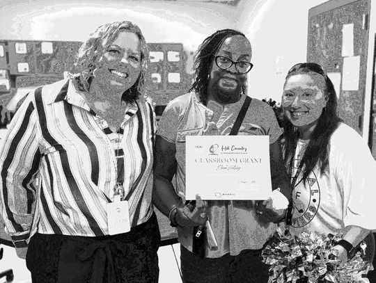 Renee Foelsing of Marble Falls High School received a grant from the church. Pictured with here are Jeanna Jette of the Marble Falls Education Foundation (left) and MFHS principal's secretary Crystal Perez.