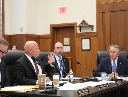 From left, Pct. 1 Commissioner Jim Luther Jr., Pct. 2 Commissioner Damon Beierle, Pct. 3 Commissioner Chad Collier and Pct. 4 Commissioner Joe Don Dockery split their vote to delay a selection among three county judge applicants, during their Feb. 11 regular meeting. Raymond V. Whelan/The...
