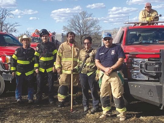 Crews doused an approximate 15-acre fire Oct. 27 keeping the blaze from threatening a museum and residential structures. Pictured are: Joe Schrieber and Waylon Hibbits of Hoover Valley VFD; and Cole Davis, Cheryl Adams, Jeremiah Baker and Chris Louivere of the Marble Falls Area VFD. Contri...