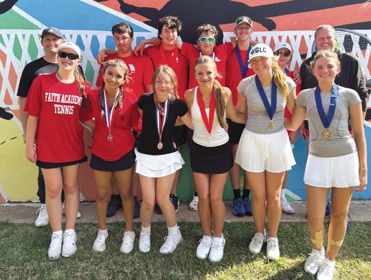 The 2025 Faith Academy of Marble Falls tennis team includes Kate Green (front row, from left), Alyana Reyes, Ella Lewis, Emerson Price, Jaden Turrentine, Halley Offutt; head coach Rich Coleman (back row, from left), Jason Kennedy, Ever Bigtree, Witten Reinert, Grant Nagle, Luke Patterson a...