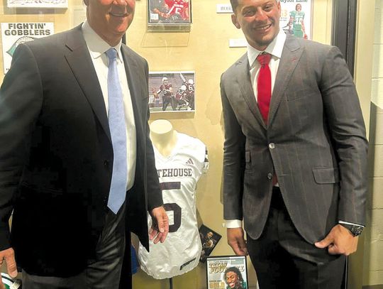 Brad Goebel and Patrick Mahomes are pictured here in front of their exhibits next to each other at the Texas High School Hall of Fame. Find the Hall of Fame feature in Sports. Contributed photo