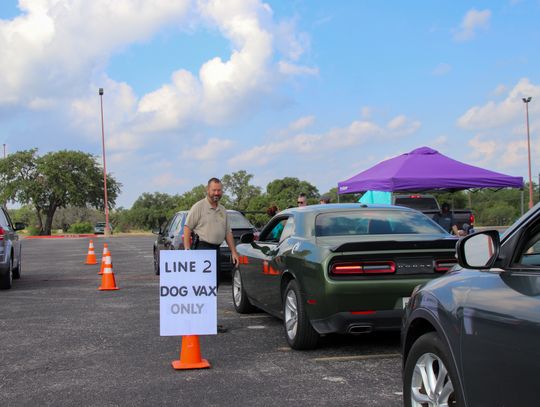 Volunteer Jason Jewett helped guide a recent drive-through pet vaccination clinic at Marble Falls High Schools. Additional free clinics are scheduled for July 13 and 17 in Bertram and Llano. Martelle Luedecke/Luedecke Photography