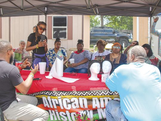 Presenter Calvin Richard and Rev. George Perry spoke about the significance of the June 19 holiday, during the Marble Falls Juneteenth celebration held June 22 at St. Frederick Baptist Church. Photos by Martelle Luedecke/Luedecke Photography