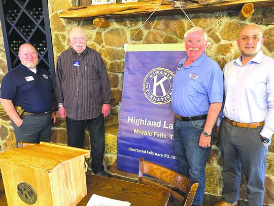 Guests of the Kiwanis Club of the Highland Lakes in Marble Falls, left to right, were Scott Sroufe, RRC director, Office of Public Engagement with Bob White, Drew Claes, and Rafael Navas, RRC Public Outreach manager. The group presented a program about the Railroad Commission of Texas. Con...