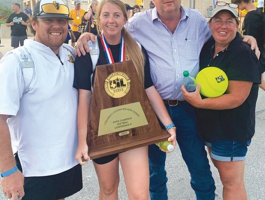 Jonesboro softball coaches Cody (left) and Amanda (Thomas) LeCroy celebrate winning the Class 1A state championship with Gary and Traci Thomas, Amanda's parents. Contributed photo
