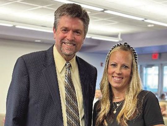 First-grade teacher at Marble Falls Elementary, Ashlea Lehman, was recently recognized as the Spotlight on Excellence Award winner, presented by Marble Falls ISD Superintendent Jeff Gasaway. Contributed photo