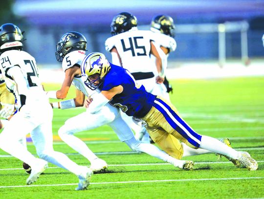 Marble Falls junior defensive lineman Kaleb Bielfeldt is havoc causer when he's on the field as he seeks the ball and disrupts what the op ponent wants to do.
