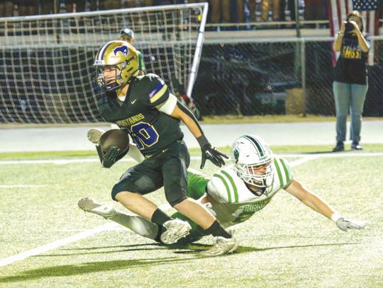 Marble Falls senior receiver Kole Becker steps through the arm tackle of a Burnet defender. Contributed photos/Stennis Shotts