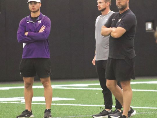 Marble Falls head coach Keri Timmerman (right) is pictured with coaches Hayden Kesselring (left) and Logan Simmons, the program's new offensive coordinator.