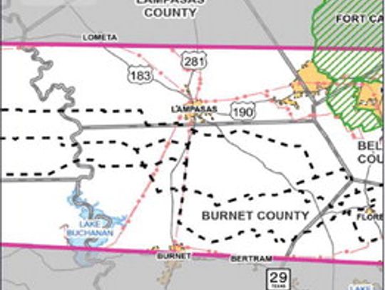 Contributed graphic The new transmission line may traverse 12 counties, including Bur - net, Crane, Crockett, Ector, Irion, Lampasas, Pecos, Reagan, Reeves, Schleicher, Tom Green, Upton, Ward and Winkler counties.