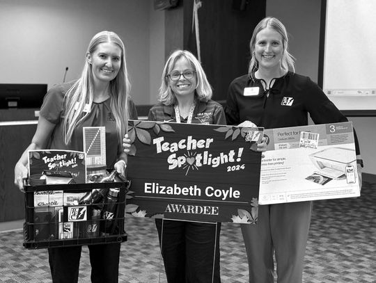 PEC Community Outreach Specialist Kevyn Packer, stands by 2024 Teacher Spotlight awardee and third-grade math and science teacher at Spicewood Elementary School, Beth Coyle, and PEC Community Outreach Specialist Mikayla Herron. Contributed photos