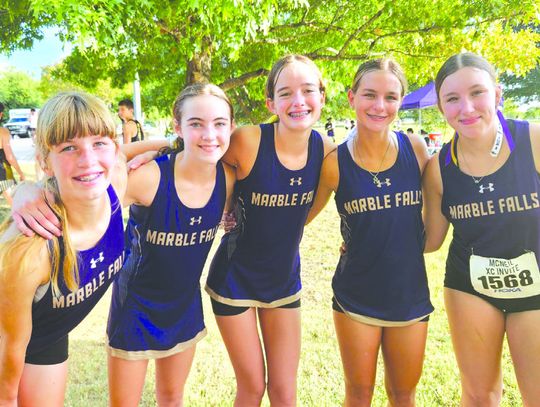 The Marble Falls girls cross country team includes Savannah Hamblin (left), Reese Massey, Abbie Henderson, Chloe Ellis and Katelynn Folts. Contributed photos