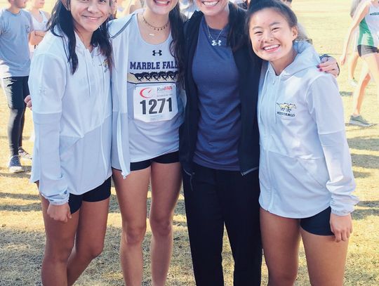 New Marble Falls cross country and girls track and field head coach Brenda Gonzalez (wearing sunglasses)may have left the school district in 2019 but never left the athletes. She is with 2020 graduates Natalie Mata (left), Ambrie Lizcano and Jaden Johnson. Contributed photo