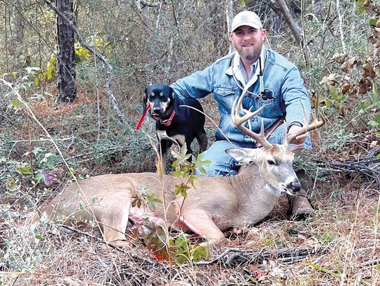 Veteran handler Jeff Glende and his hound/cur "Dago." Glende says hunters should be observant and share all the little details about the shot with the tracker beforehand. Contributed photo/Jeff Glende