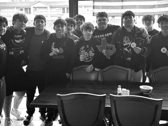 The 2025 Marble Falls High School boys powerlifting team includes David Dominguez (with the medal, left), Tyler McIntyre, Arnulfo Salazar, Daniel Dominguez; Xavier Soza (second row, left), Keaton Proctor, Josue Fonseca, Adrian Arredondo, Zane Matlock; Oswaldo Sanchez (back row, left) and M...