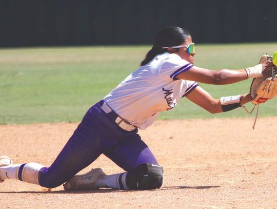 Shortstop Jocelyn Suarez was a tip of the glove away from making this out on a diving catch against Jarrell.