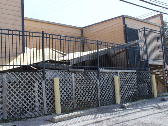 Wind damaged the patio roof of a business in downtown Marble Falls at Avenue J and Third Street March 4 as wind gusts reportedly topped 40 mph.