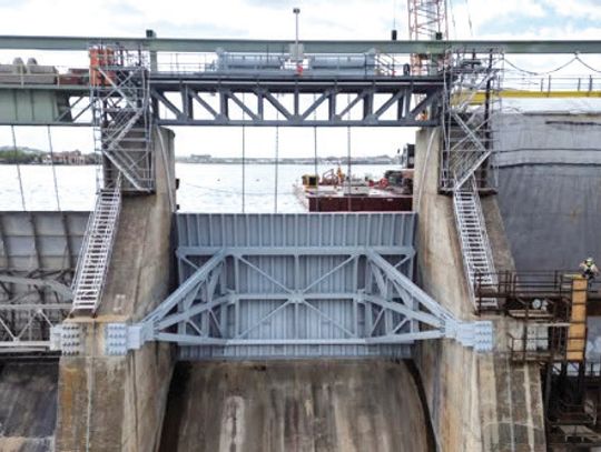 Each floodgate, pictured here shortly after installation in 2024, was partially opened, then closed on May 7. File photo