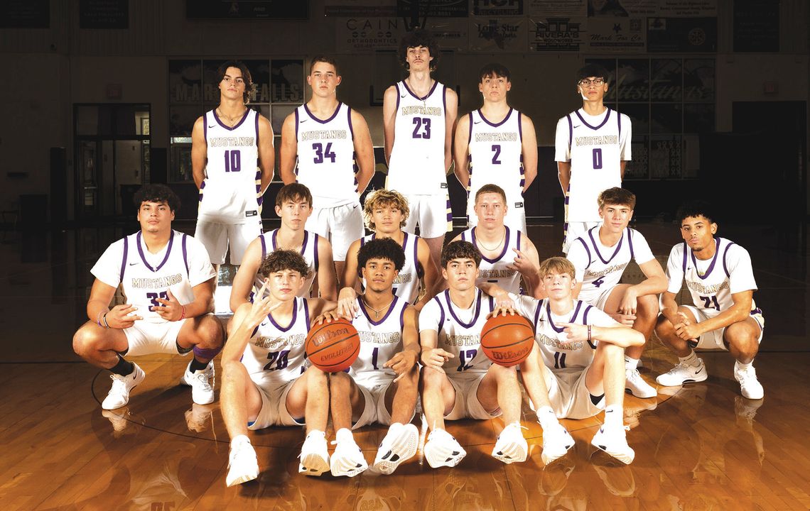 The 2024-25 Marble Falls High School boys basketball team includes Brenton Liscum (front row, left), Isaiah Lazos, Roman Brown, Beckett Berkman; Thomas Valdez (second row, left), Jackson Trudeau, Carter Hughes, Noah Lyon, Cypress Neve, Tidus Willie; Garen Jones (back row, left), Kaleb Beil...