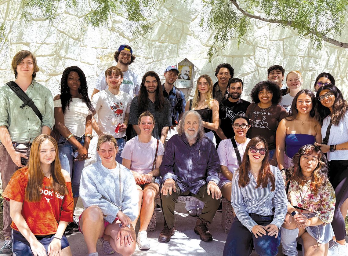 (Front row) Professor Vanessa Fanelli, wearing sunglasses, joins Benini, center, with her second semester Italian class from the University of Texas, after a tour of Museo Benini and the sculpture trail. Contributed/Sam Frances