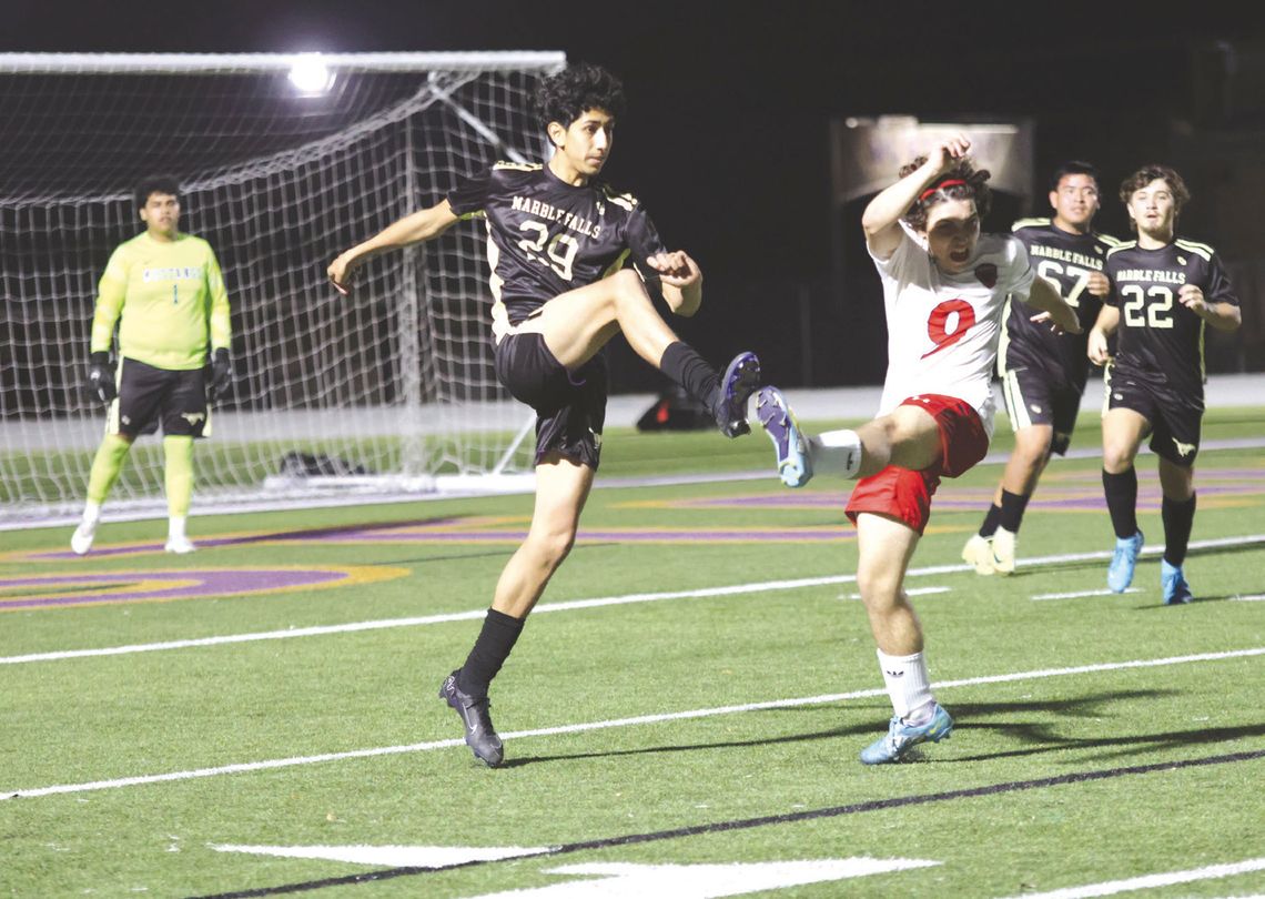 Marble Falls senior Jesus Campos-Garcia kicks the ball to the other end to force Wimberley to play defense.