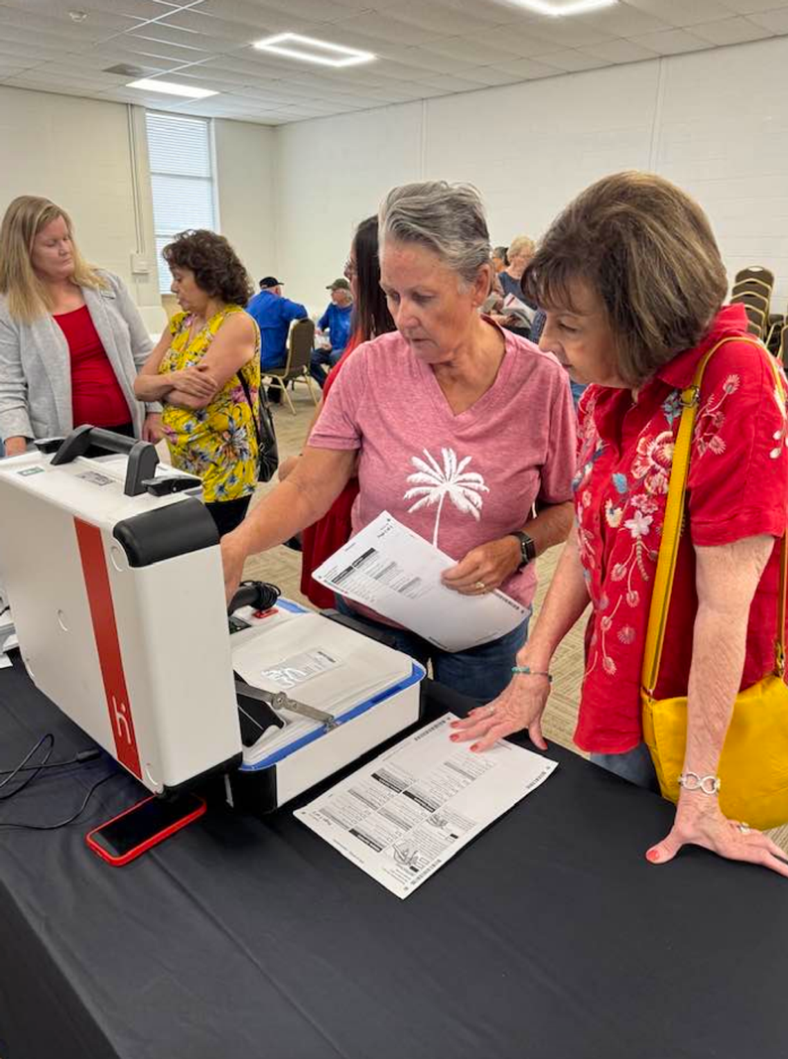 Burnet County Elections Department hosted a new voting machine demonstration from a vendor at the Agri-Life Building recently. This system will produce a paper ballot that could be used for a recount if desired. The two citizens testing the system are, from left, Londa Chandler and Darlene...