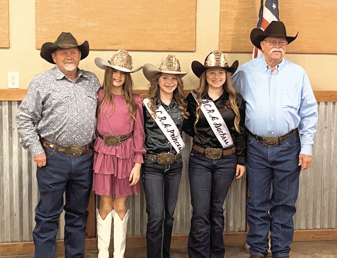 Burnet County Rodeo Association royalty — Sweetheart Aria Parks, Princess Baylee Steele and Duchess Addison Steele – helped V.P. Brent Nichols, left, and President Cody Orman, right, preside over the banquet held in Burnet March 8. Contributed photos