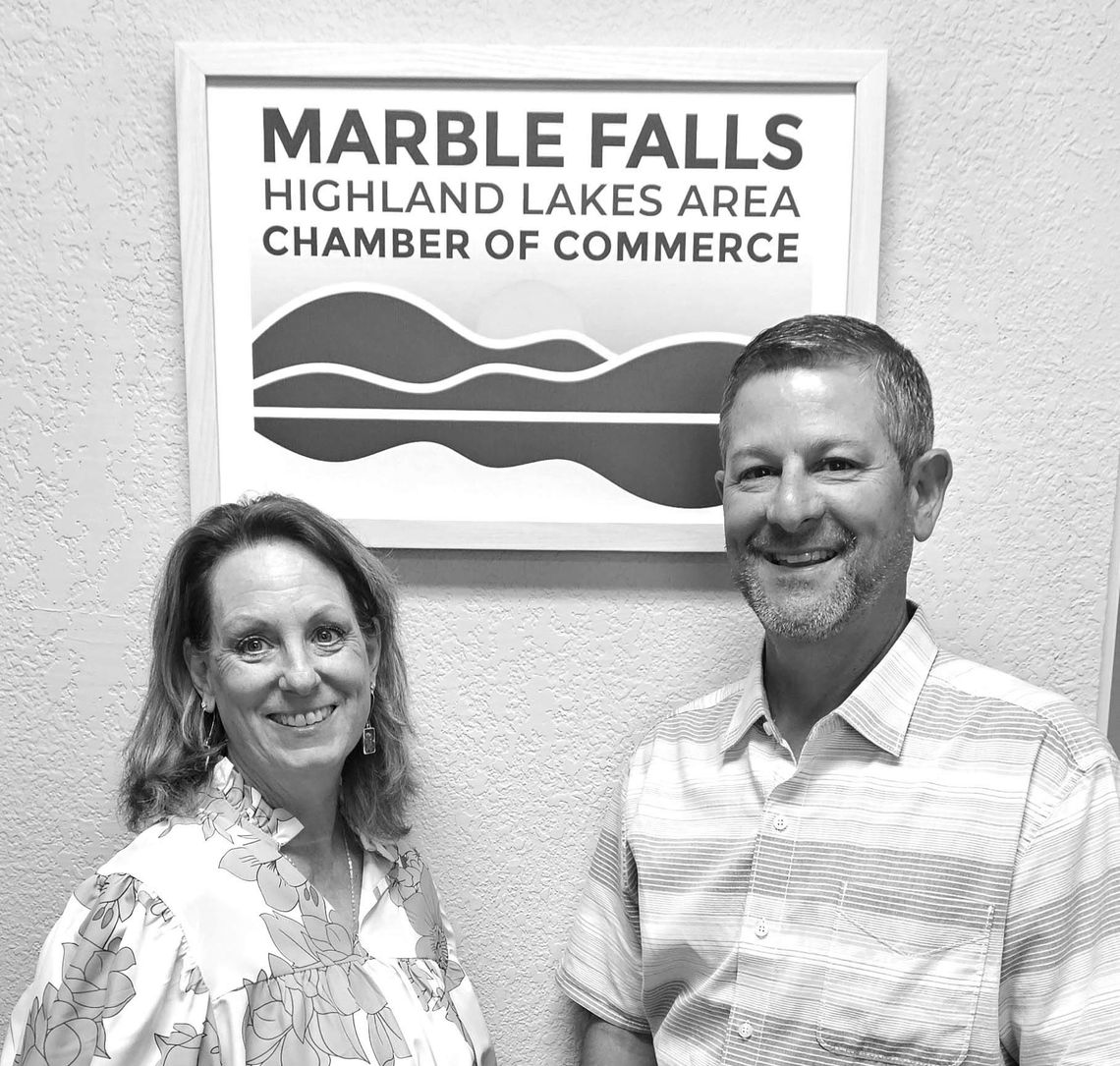 Jarrod Metzgar, right, the outgoing president/CEO of the Marble Falls/Highland Lakes Area chamber welcomed Kim Kankel, who will take over his duties June 16. Contributed photo