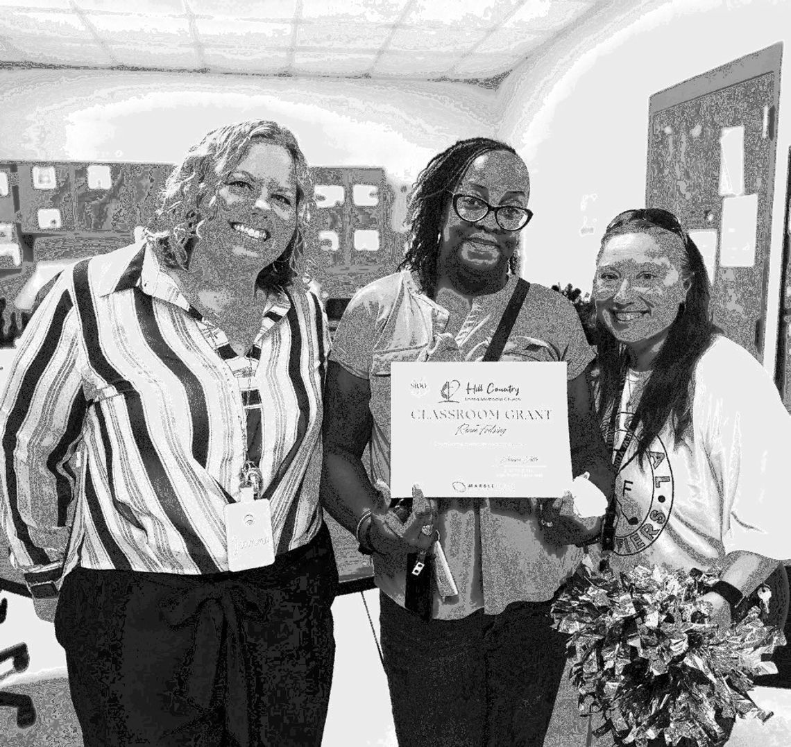 Renee Foelsing of Marble Falls High School received a grant from the church. Pictured with here are Jeanna Jette of the Marble Falls Education Foundation (left) and MFHS principal's secretary Crystal Perez.