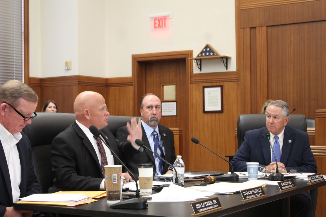 From left, Pct. 1 Commissioner Jim Luther Jr., Pct. 2 Commissioner Damon Beierle, Pct. 3 Commissioner Chad Collier and Pct. 4 Commissioner Joe Don Dockery split their vote to delay a selection among three county judge applicants, during their Feb. 11 regular meeting. Raymond V. Whelan/The...