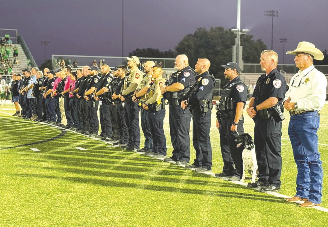 Community honors first responders Contributed/ MFISD Burnet County first responders were honored before the football game Friday night at Marble Falls Mustang Stadium Oct. 11.
