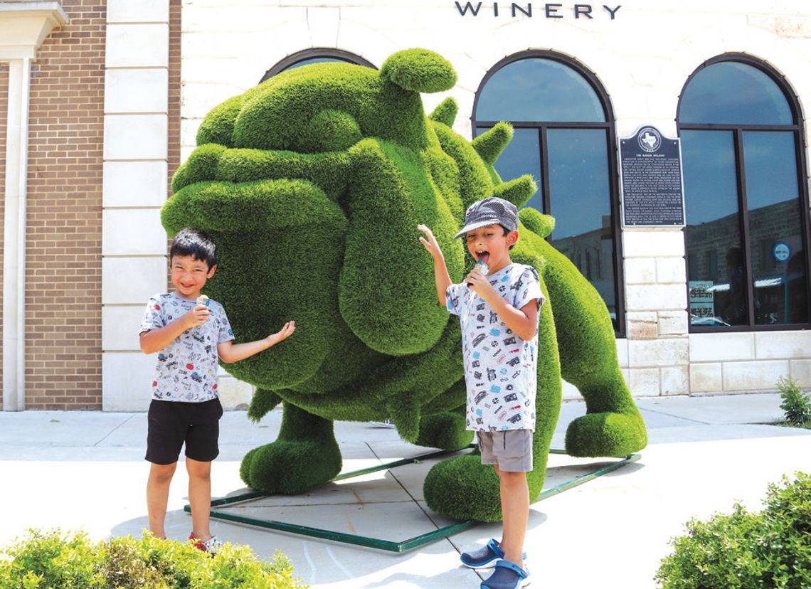 Ryder and Jaxson Moran were intrigued with the newest addition on the Burnet County Courthouse square May 17. The city of Burnet added the installation which pays homage to the Burnet school district mascot. Martelle Luedecke/Luedecke Photography