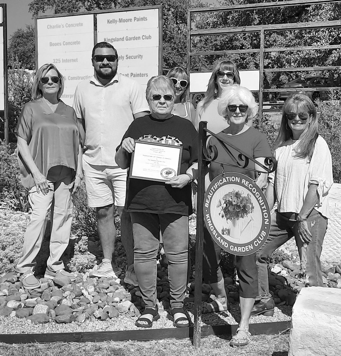 Pictured from left to right are Cheri Finkelstein, Andy Virdell, Darlene Zubkus, Cynthia Green, Barbara Rosenberger, Mary Ann Atwood and Mina Martin receiving the Kingsland Chamber's 2024 Beautification Award for the Kingsland Community Park's Native Plant Garden. Contributed photo