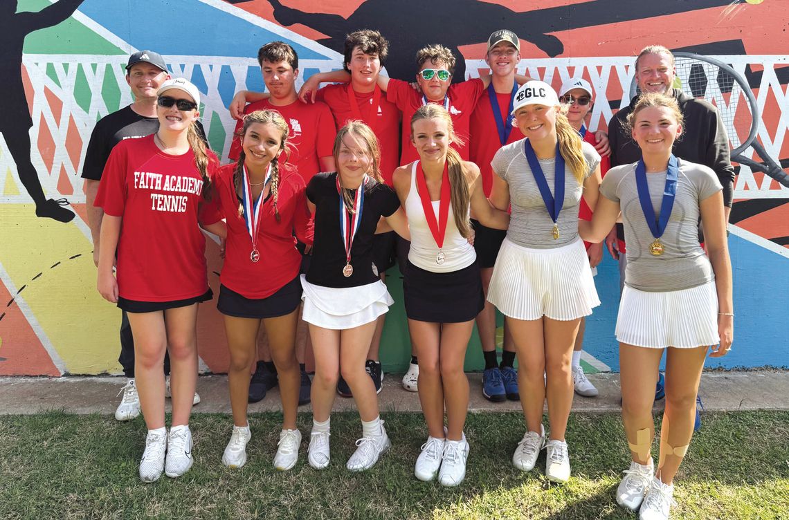 The 2025 Faith Academy of Marble Falls tennis team includes Kate Green (front row, from left), Alyana Reyes, Ella Lewis, Emerson Price, Jaden Turrentine, Halley Offutt; head coach Rich Coleman (back row, from left), Jason Kennedy, Ever Bigtree, Witten Reinert, Grant Nagle, Luke Patterson a...