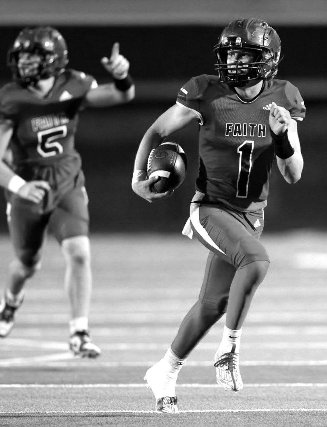 Faith junior Andrew Houy looks to make sure no one can catch him as senior Karter Van Gundy throws the No. 1 in the air. Contributed/Stennis Shotts