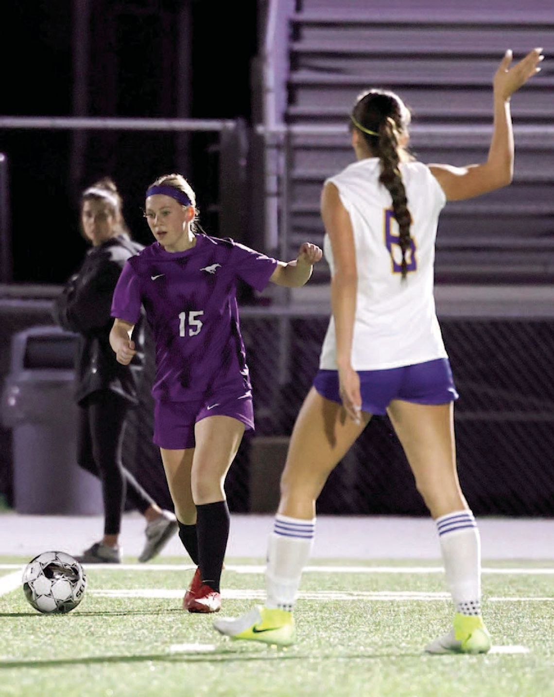 Marble Falls Junior Avrie Wallace (15) scored for the Lady Mustangs to help Marble Falls earn another valuable district win. Contributed photos/Ernesto Rivera