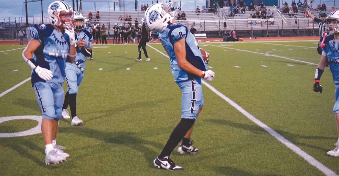 Hill Country Elite defensive back Clayton Thompson (8) reacts to catching one of his four interceptions during the Central Texas Holiday Bowl. Contributed photos