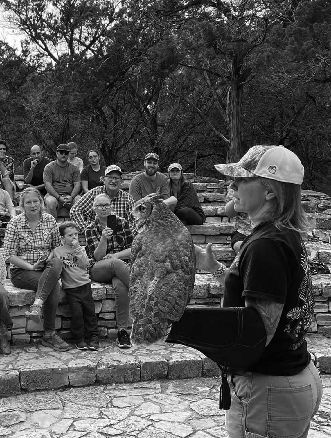 Desiree Lavigne introduced Dancer, a Great Horned Owl to an attentive crowd. She has been rehabbing and training raptors for 12 years. Contributed photos