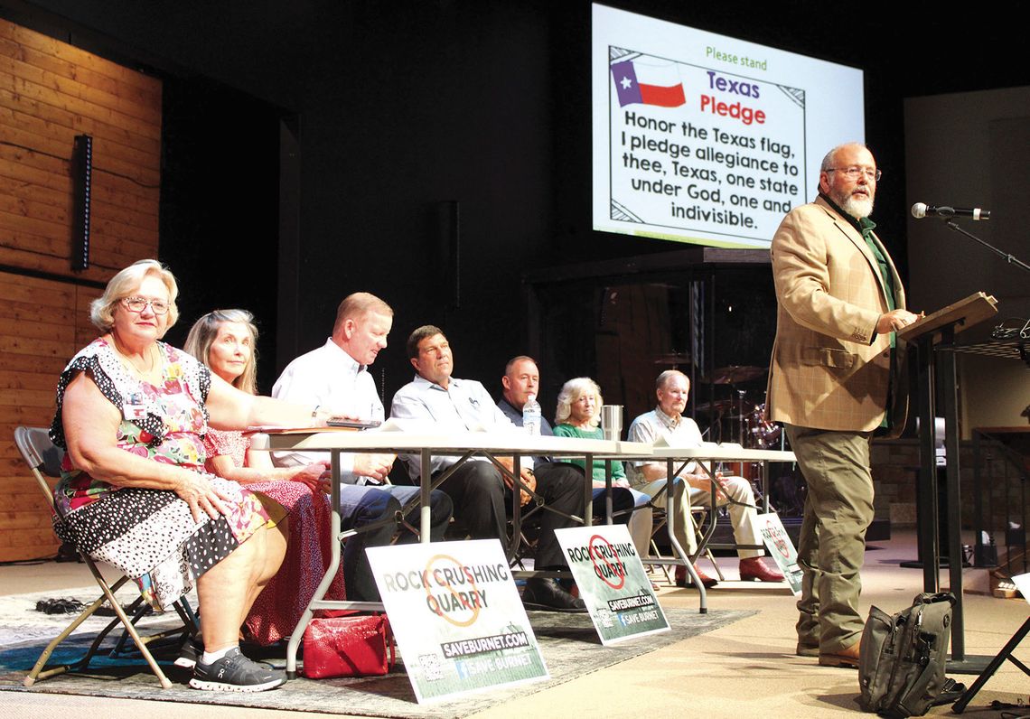 From left, Martha Tyroch, Stacy Smith, Burnet County Commissioner Pct. 1 Jim Luther Jr., Randy Printz, Burnet Mayor Gary Wideman, Nan Manning and Jay Folta listen as Texans for Responsible Aggregate Mining spokesperson Fermin Ortiz addresses the Town Hall meeting audience Sept. 14. Raymond...