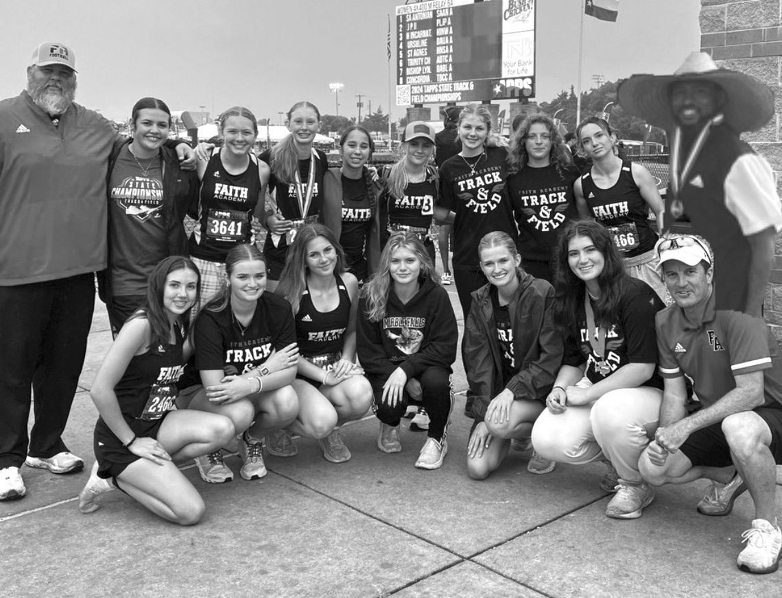 The 2024 Faith Academy track and field team ends its season at the Class 3A state meet. The participants are Carly Owens (front row, left) Audri Poage, Anabelle Merlick, Charlee Ehrig, Claire Poage, Morgan Weems, head coach Steve McCannon; assistant coach Jay Silvers (back row, left) Kenle...