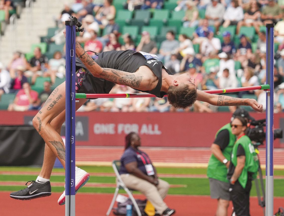 Marble Falls High School graduate Kason O'Riley is trying to clear the bar set at 7 feet and a quarter of an inch at the U.S. Olympic Trials in Eugene, Oregon June 27. Contributed photo