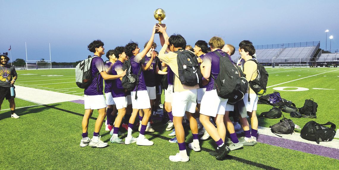 The Marble Falls Mustangs hoist the first of three trophies they won during the 2024 season. The Mustangs added another award, this one for how they conduct themselves during matches. Photos by Jennifer Fierro/TexasChalkTalk.com