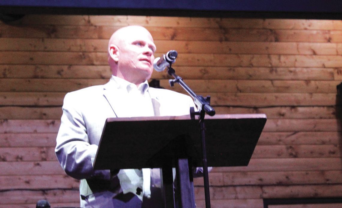 Burnet County Commissioner Pct. 2 Commissioner Damon Beierle urged attendees to battle a proposed new railway along U.S. 281. Raymond V. Whelan/The Highlander