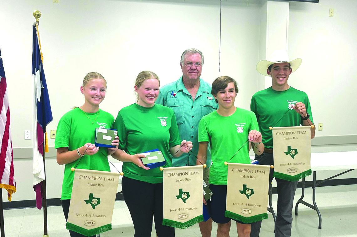 Members of the Burnet County 4-H Youth Rifle Team brought home the state championship. Pictured, from left, are Harper Sitra, Morgan Sitra, Klein Stanley and Weiss Stanley. Team coach Guy Taylor is in back. Contributed photo