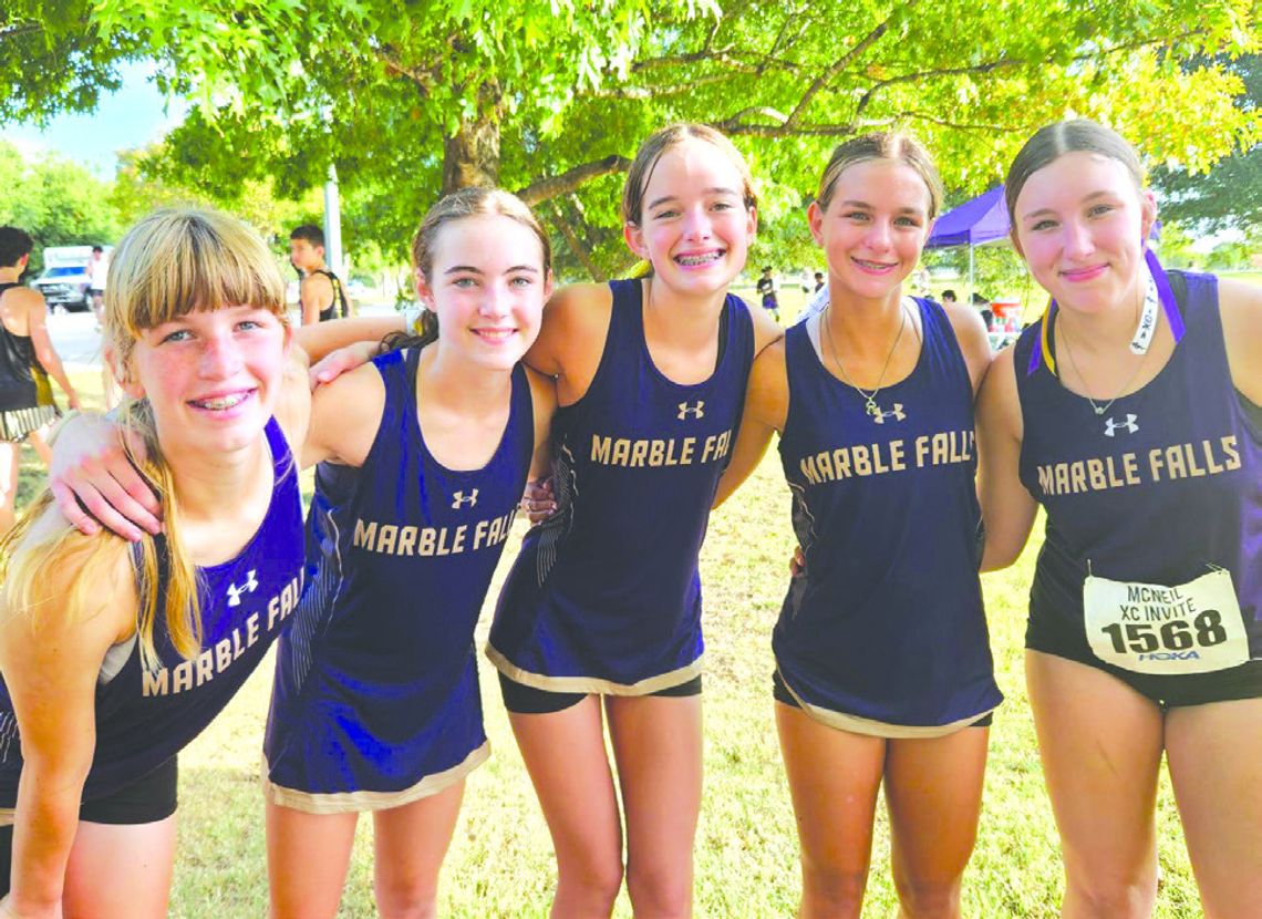 The Marble Falls girls cross country team includes Savannah Hamblin (left), Reese Massey, Abbie Henderson, Chloe Ellis and Katelynn Folts. Contributed photos
